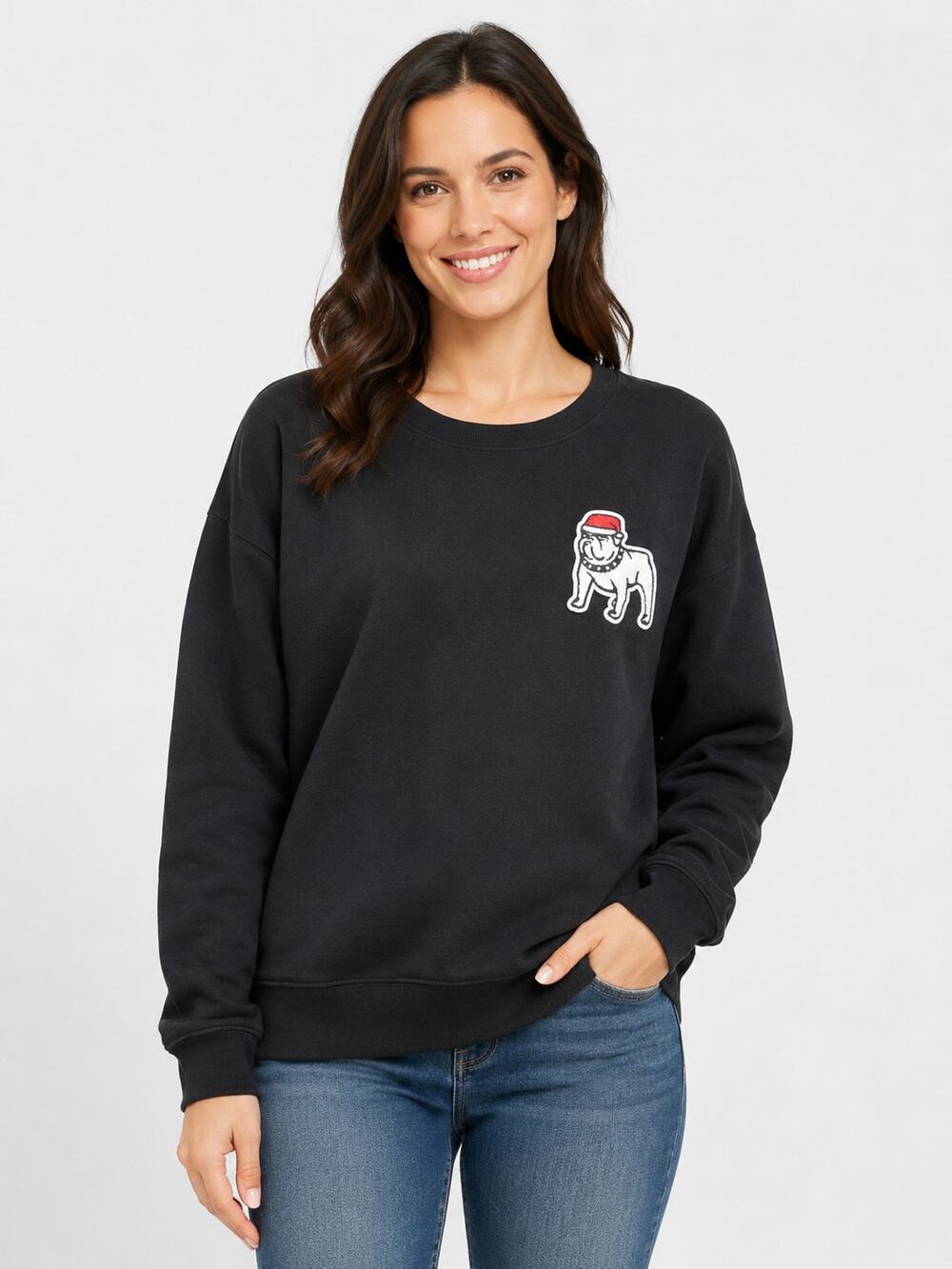 Duke Winston Santa Bulldog Patch Sweatshirt Pullover Womens Medium Black New